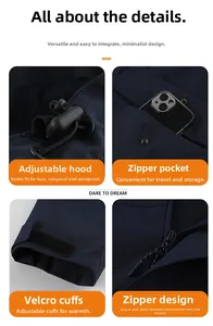 Detail view of adjustable hood, zipper pockets and velcro cuffs on a blue outdoor jacket