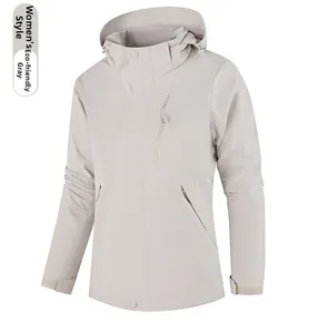 Women's eco grey outdoor jacket with windproof drawstring hood and zipper pockets