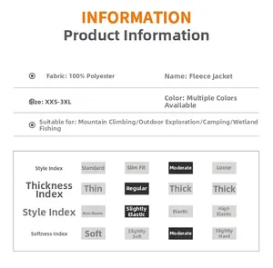 Detailed chart showing 100% polyester fabric and outdoor performance specs for the jacket