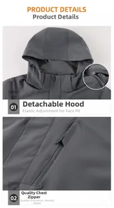 Detail of outdoor jacket showing detachable hood and premium chest zipper pocket