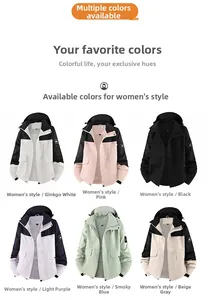 Detail view of colorful waterproof hooded jackets in six colors for outdoor wear