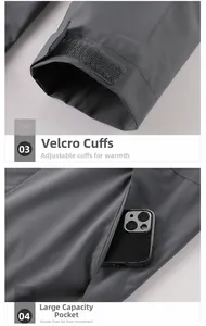 Detail of adjustable velcro cuffs and a large side pocket on a grey outdoor jacket