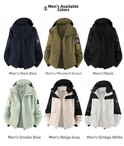 Detail view of men's waterproof hooded jackets in dark blue, green, black, and white colors