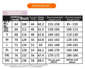 Size chart for outdoor waterproof jackets showing dimensions from XXS to 3XL for women