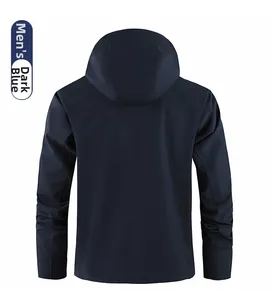 Rear view of a men's navy blue hooded outdoor jacket with windproof and waterproof fabric