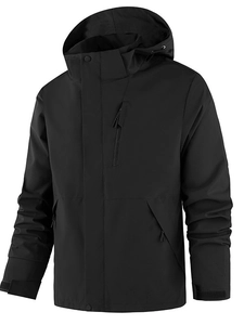 Men's outdoor windproof hooded jacket in black with zip pockets and adjustable cuffs