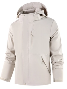 Waterproof outdoor windbreaker hooded jacket for men and women in light beige colorway
