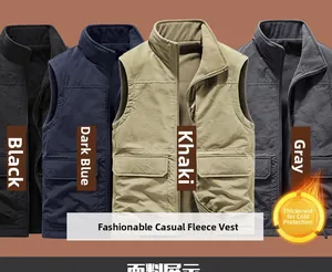 Men's outdoor fleece vest in black, navy, khaki, and gray with multi-pocket design