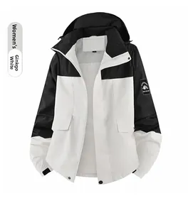 Detail of waterproof outdoor jacket with mesh lining, hood, and adjustable velcro cuffs