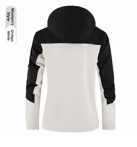 Rear view of women's hooded outdoor jacket in ginkgo white and black contrast color