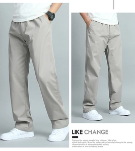 Vue détaillée du pantalon décontracté pour homme beige-gris avec coupe droite et poches
