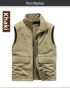 Detail view of the khaki vest showing warm coffee-colored fleece lining and large flap pockets