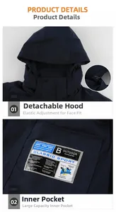 Detail of the detachable hood with drawstrings and spacious inner pocket on the blue jacket
