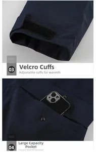 Detail of adjustable velcro cuffs and large capacity pockets on outdoor jacket