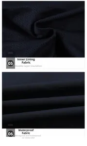 Detail of waterproof navy fabric and breathable mesh lining with heat retention features
