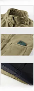 Detail view of khaki fleece vest showing stand-up collar and large utility pockets