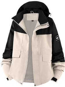 Outdoor hooded windbreaker jacket in black and white contrast design with mesh lining