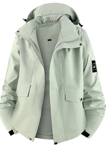 Waterproof outdoor hooded windbreaker jacket in mint green with adjustable drawstrings