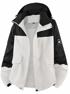 Waterproof outdoor hooded jacket in black and white contrast design for hiking
