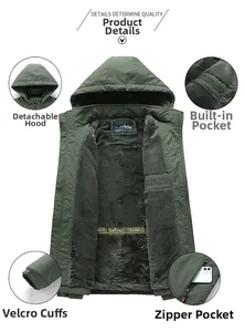 Detail view of winter outdoor jacket with fleece lining and detachable hooded design