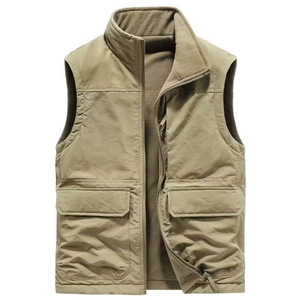 Men's Outdoor Fleece Lined Vest Winter Warm Windproof Stand Collar Multi-Pocket Casual Workwear Waistcoat Jacket