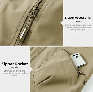 Detailansicht von Metallreißverschluss und Diebstahlschutztasche an Khaki-Outdoor-Weste