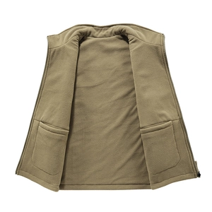 Men's khaki reversible fleece vest with stand collar and functional interior pockets