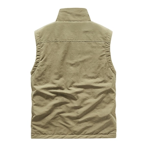 Back view of men's reversible outdoor khaki vest with multi-pockets and casual utility style