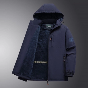Men's outdoor dark blue hooded jacket with thick fleece lining and waterproof material