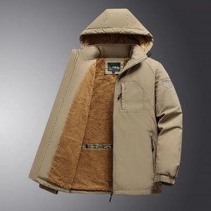 Men's khaki fleece-lined outdoor jacket with hood, windproof and water-resistant parka