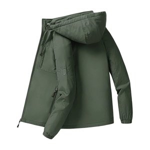 Men's winter outdoor jacket in dark green with fleece lining and waterproof hood