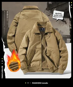 Detail of khaki fleece-lined jacket with sheepskin lining and washed cotton fabric texture