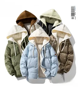 Detail of colorful corduroy puffer jackets with drawstring hoods and textured fabric