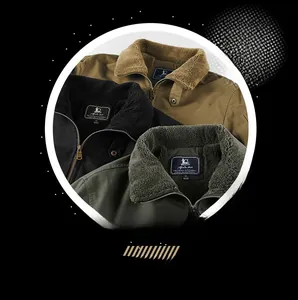 Close-up of three men's fleece-lined work jackets with warm shearling collars