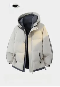 Detail of men's hooded puffer jacket featuring adjustable velcro cuffs and contrast lining
