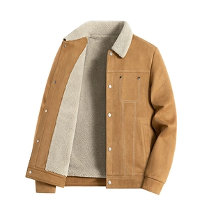 Men Winter Fleece Lined Suede Jacket Sherpa Collar Vintage Warm Thickened Outdoor Loose Casual Workwear Coat