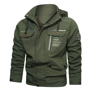 Men Outdoor Hooded Jacket Windproof Polyester Cargo Coat With Multi Pockets For Casual Sport Spring Autumn Men Clothing