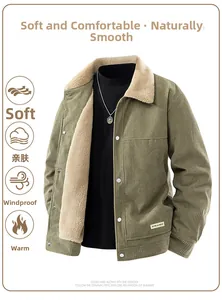 Detail view of military green corduroy jacket with thick beige fleece lining and metal buttons