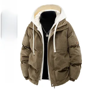 Detail view of brown corduroy puffer jacket showing layered double hood and ribbed texture