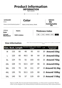 Detailed size chart for men's fleece cotton jacket in black, green, and khaki
