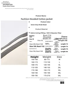 Size guide for men's winter hooded parka with measurements for chest and length