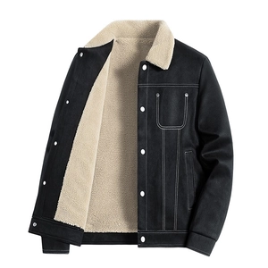 Men's winter fleece jacket in black with warm faux sherpa lining and classic collar