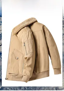 Detail of khaki men's fleece-lined work jacket with thick lamb wool collar for winter warmth