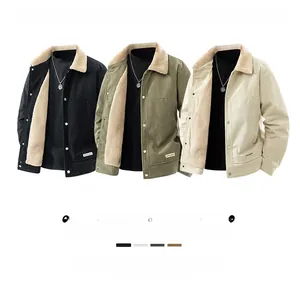 Detailed view of winter lamb wool fleece jackets in black, olive green and beige colors