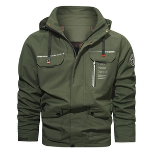 Men's olive green outdoor hooded windbreaker jacket with functional pockets and reflective tape