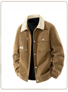 Detail showing vintage corduroy texture and white faux shearling collar on men's jacket