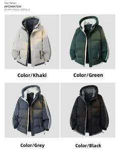 Detail view of four color options showing hooded design and striped sleeves of padded jacket