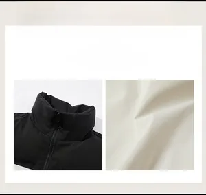 Detail of winter puffer jacket featuring a black stand collar and premium beige fabric