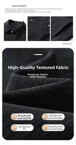Detail of windproof men jacket featuring textured fabric and turn-down collar design