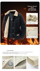 Detail of men's corduroy jacket featuring warm sherpa fleece collar and inner pocket
